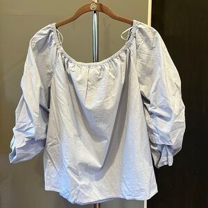 🍁🐠Portmans from Australia top with gathered puffy sleeves blue white pinstripe S